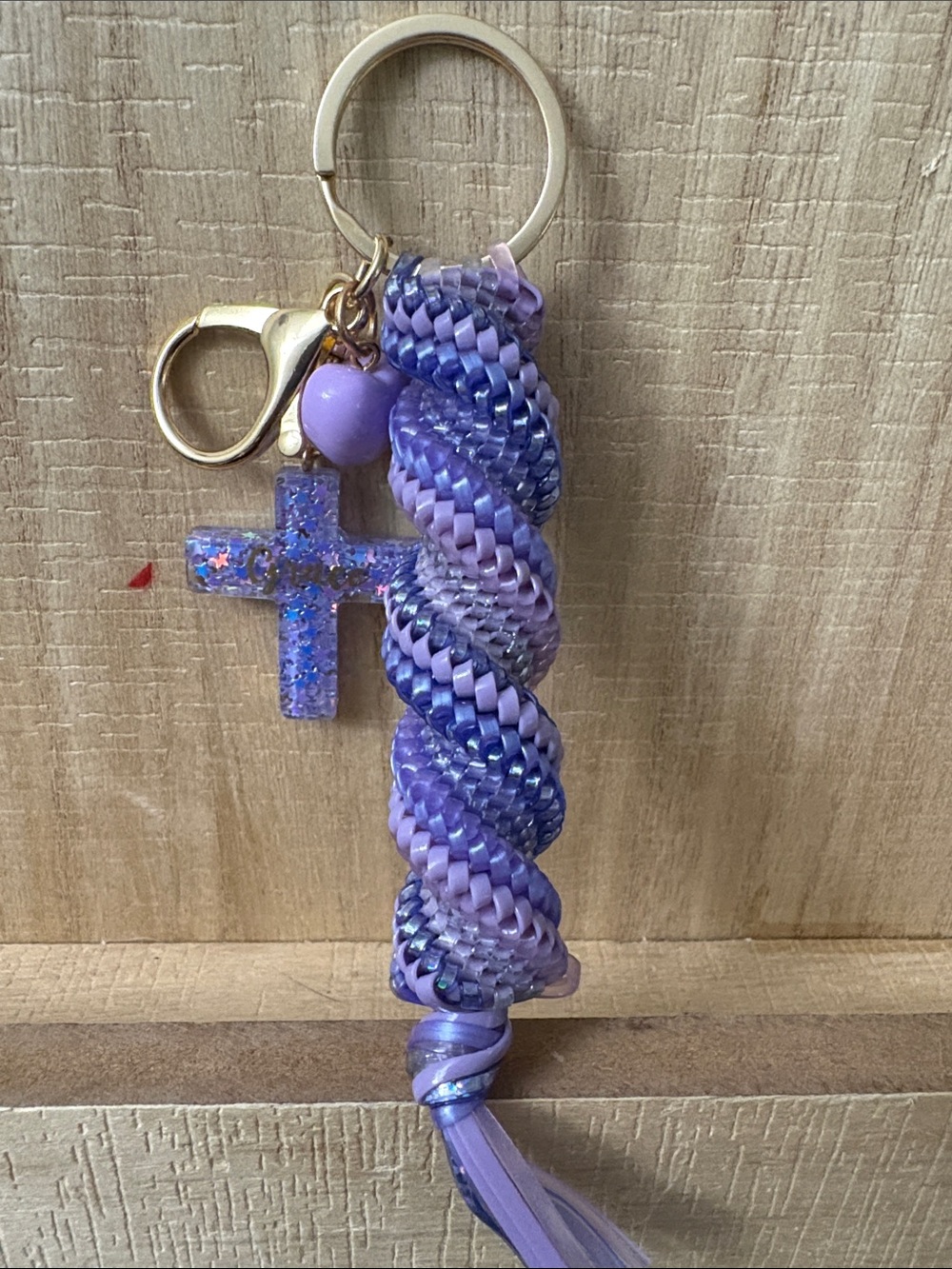 Purple Braided Bead & Cross Keychain - (luminescent) NWOT